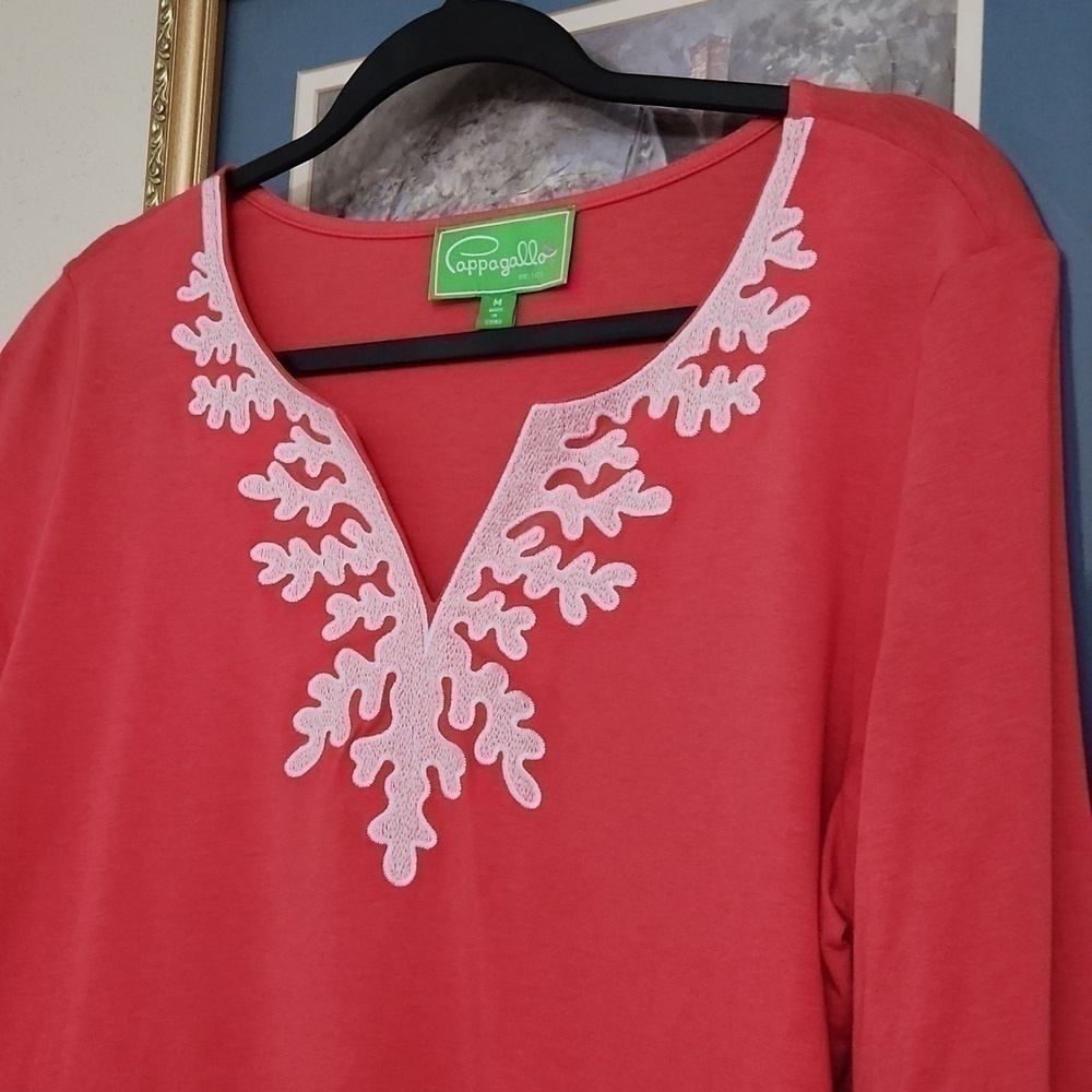 Coral top size M mid sleeve Coastal Lagenlook contemporary Artsy vacation - Picture 2 of 8